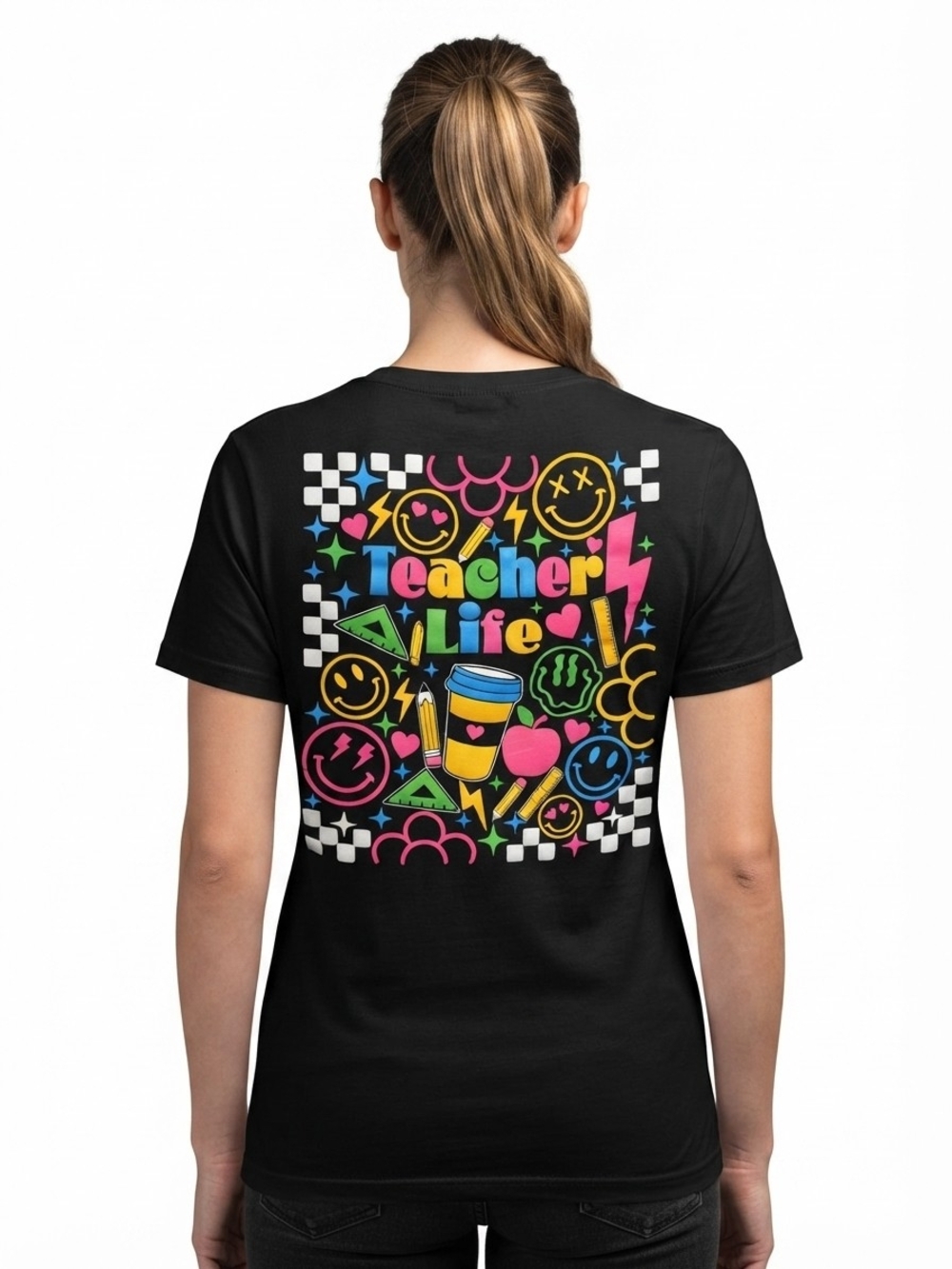 Fruit of the Loom Black Tee with Bright Neon School Icons